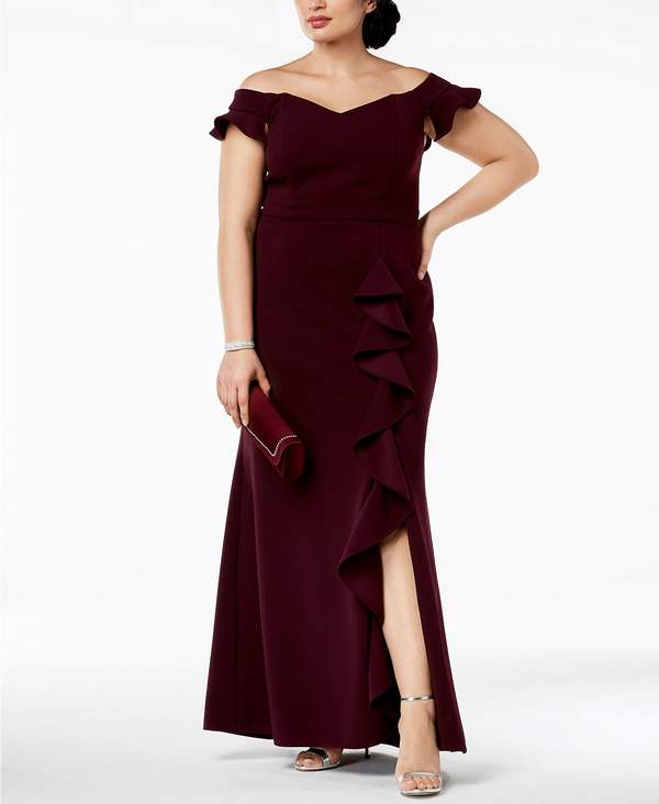 Betsy & Adam Plus Size Off-The-Shoulder Ruffled Gown