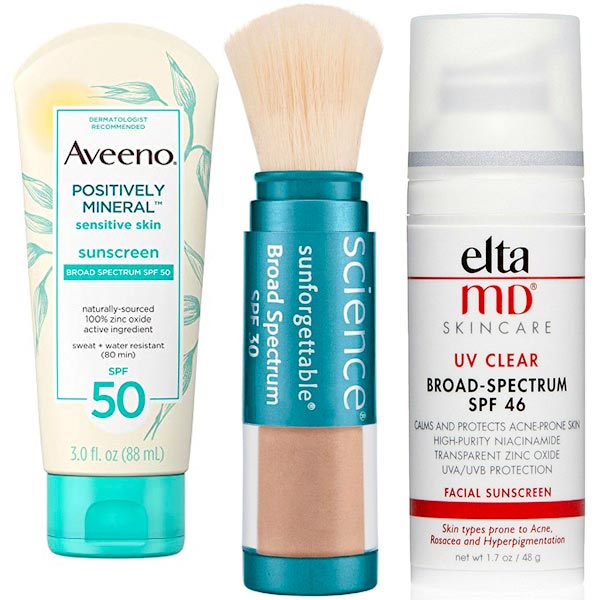 Aveeno Sensitive Skin Sunscreen, SPF 50 & Colorscience Sunforgettable Brush on Sunscreen Spf   30 & EltaMD UV Clear Broad-Spectrum SPF 46