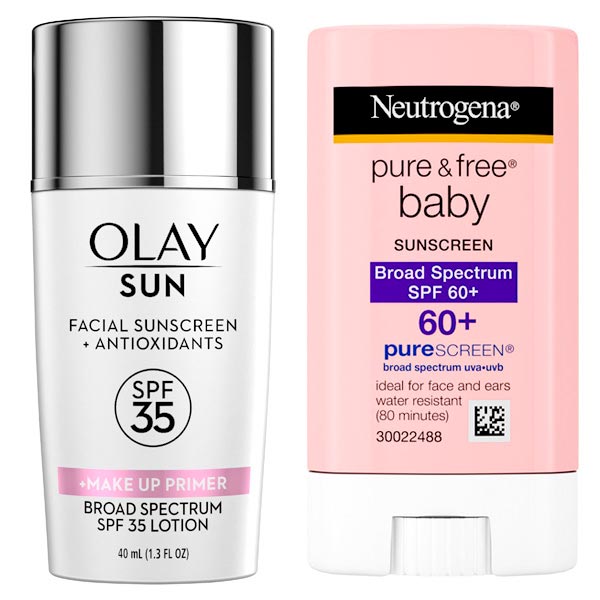Olay Sun Face Sunscreen Serum and Makeup Primer & Pure & Free Baby Sunscreen Stick, SPF   60