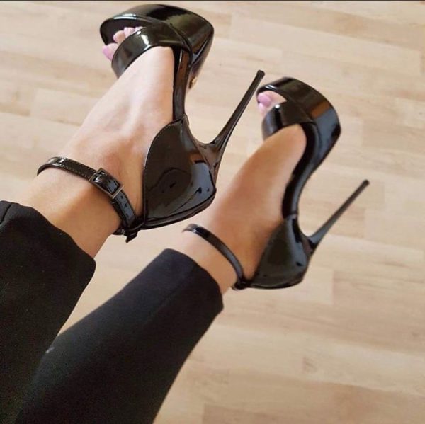 Glossy Black High Heels Sandals